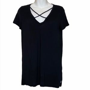 Pink Black Top with Crisscross Neckline